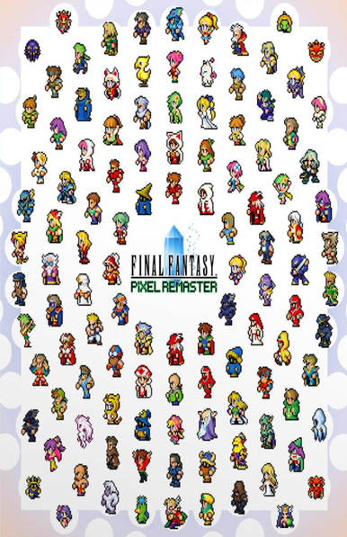 The cover of the Final Fantasy Pixel Remaster Box (not necessarily the cover of the artbook, as that has not been finalized yet). It is a white background with a spiraling circle of pixel sprites of each character throughout the 6 game compilation.