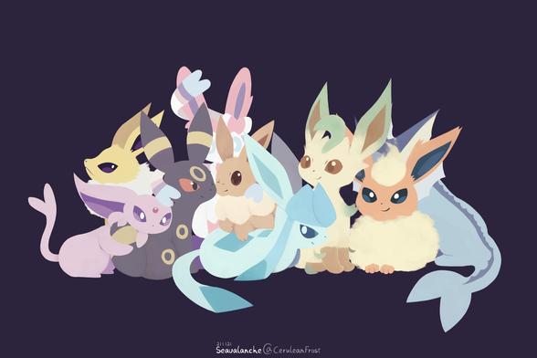 Digital art of all the eeveelutions, drawn by Seavalanche