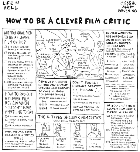 This image is of the Life In Hell comic strip from Matt Groening (creator of the Simpsons). It is titled: How to be a clever film critic. It is too complex to describe in detail here, but it has a number of humorous and cynical jabs at the general silliness we often find (or these days, found) with the world of film criticism.
