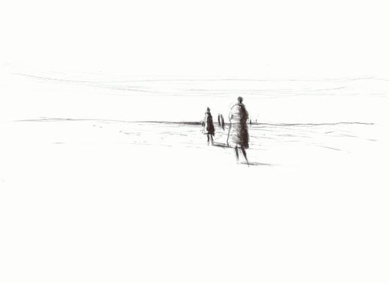 Kugelschreiber Skizze
Schwarzweiss
Menschen unterwegs in der Landschaft.
