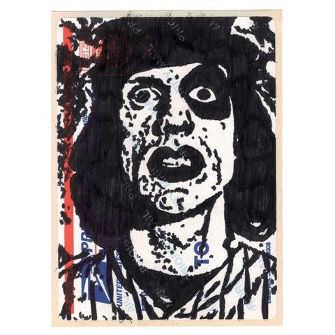 Pen drawing of a man wearing face paint and a baseball uniform drawn on a Postal Sticker.