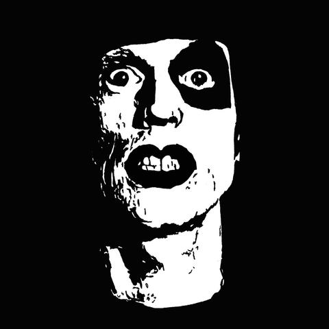 Pen drawing of a man wearing face paint and sneering drawn on a black background.