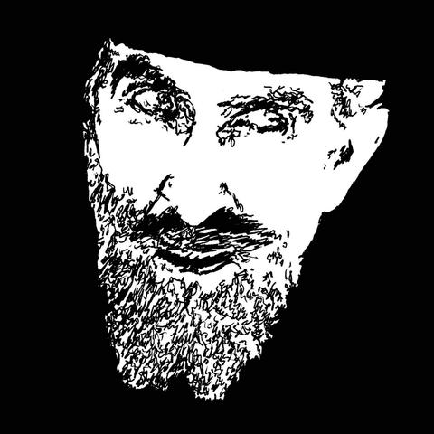 Pen drawing of a man with  white beard looking off to the side drawn on a black background.