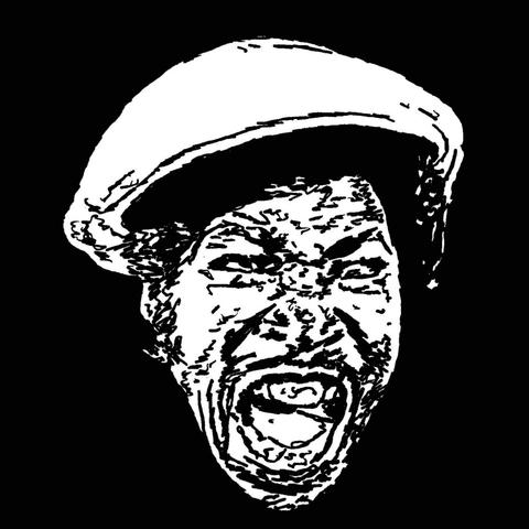 Pen drawing of Rudy Ray Moore screaming and wearing a hat drawn on a black background.