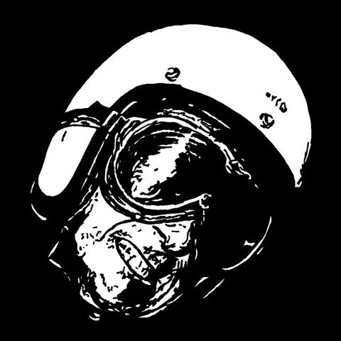Pen drawing of an angry man wearing a vintage motorcycle helmet drawn on a black background.
