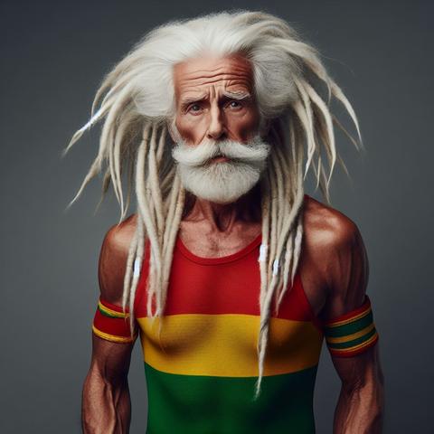 a buff looking senior white man with a tank top and arm bands in three (rastafari) colours, red, yellow, green. His hair is white but lots of  hair, that flows down into dreadlock braids. He has a wide flowing moustache and neat beard. AI generated ME with too much hair