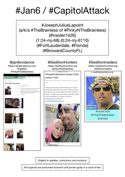 Photos of January 6th riot suspect Joseph Julius Lapoint (FortLauderdale, Florida).