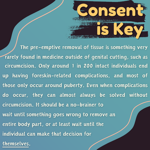 Consent is Key: The pre-emptive removal of tissue is something very rarely found in medicine outside of genital cutting, such as circumcision. Only around 1 in 200 intact individuals end up having foreskin-related complications, and most of those only occur around puberty. Even when complications do occur, they can almost always be solved without circumcision. It should be a no-brainer to wait until something goes wrong to remove an entire body part, or at least wait until the individual can make that decision for themselves.