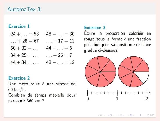3 exercices sur 3 thèmes différents au format présentation :
- Exercice 1 : ➕ Additions/Soustractions  
- Exercice 2 : ⏳ Durée/Distance/Vitesse  
- Exercice 3 : ➗ Fraction/Axe gradué