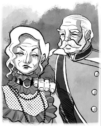 A black-and-white illustration depicting a stern-looking Sir James with a mustache in a military-style uniform, standing beside Lady D’Arcy dressed in a ruffled, polka-dotted outfit. She has curly hair and gives off a confident expression, while he put his hand on her shoulder