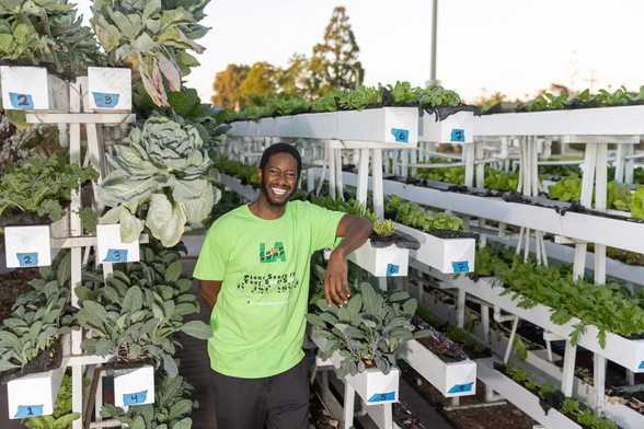 Jamiah Hargins, the founder of Crop Swap LA, in his family bungalow-turned-farm, which doubles as Crop Swap’s headquarters. Tiered linear grow beds appear to be made of wood.¯\_(ツ)_/¯ (plastic plumbing / water proofing).