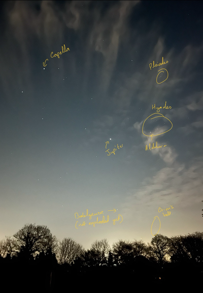 A dark sky with a few scattered clouds. Capella is top left, the Pleiades is top right, Jupiter is in the middle, while Betelgeuse is towards the bottom centre, just above the trees.