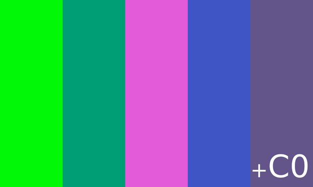The so called Free Speech Flag, with the AACS decryption Key for HD-DVD being represented with colours except the last digit C0, which was annontated with +CO.

It's colours are vertical bars from lfet to right:
#09F911 A bright green 
#029D74 A dark Green
#E35BD8 A pink 
#4156C5  A navy blue
#635688 A dark lavender gray
+C0 is written on the lower right corner in white