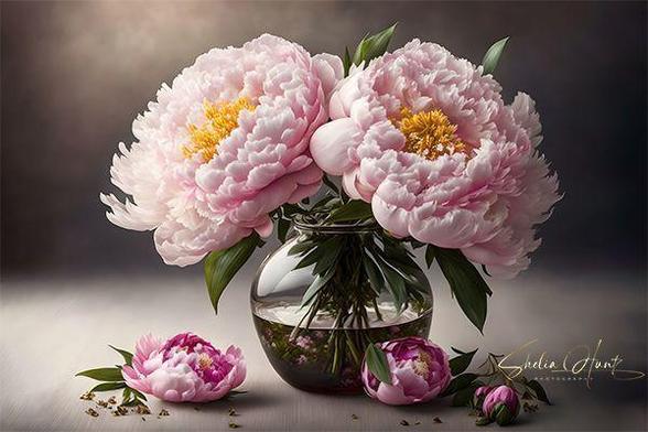 Beautiful soft pink peonies with yellow centers and green leaves in a clear vase of water, with peony blooms on table below. The background is a soft bokeh. Artwork by Shelia Hunt Photography.