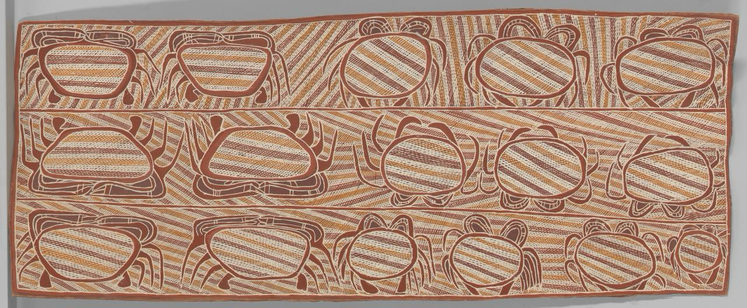 bark painting in long horizontal format, illustration of three rows of crabs (5/5/6), cross-hatching (rarrk) style