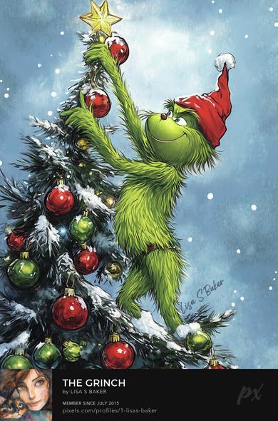 A digital mixed media art print of The Grinch trying to take down a Christmas tree. Art by Lisa S Baker.