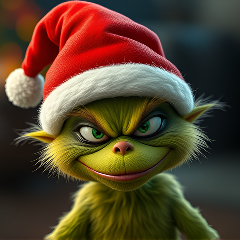 Baby Grinch wearing a red Santa hat.