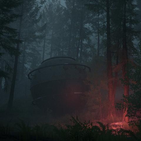 An abandoned structure in the forest, in the shape of a globe, lit by red flare