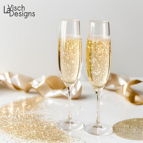 2 glasses with gold sparkly champagne on a cream background. There is also a golden ribbon, and gold glitter.