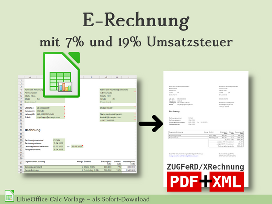 E-Rechnung mit 7% und 19% Umsatzsteuer, ZUGFeRD, XRechnung, LibreOffice