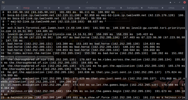 The image you sent appears to be the output of a network diagnostic tool, likely a ping command or a traceroute.

Here's what we can interpret from the information:

1. Hostnames and IP Addresses:

    The output lists a series of hostnames and their corresponding IP addresses (e.g., "63.245.90.162").

2. Ping Times (Latency):

    For each hostname or IP address, multiple ping times are listed, usually in milliseconds (ms).
    These times represent how long it took for a network packet to travel from the source to the destination and back.

3. Network Hops (Traceroute):

    It's possible that this is a traceroute output, showing the path that network packets take to reach a destination.
    Each line might represent a "hop" or a device (router, switch, etc.) along the path.

4. Network Performance Issues:

    Some of the ping times are relatively high (e.g., over 100ms), which could indicate potential network congestion or issues with the network path.
    There might be some packet loss, indicated by asterisks (*) in some lines.

Without more context, it's difficult to say definitively what this output means. However, it provides some basic information about network connectivity and performance.