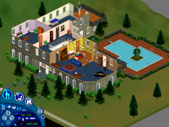 A screenshot of the re-released version of The Sims (aka The Sims 1), courtesy of EA in the post linked above. It's an isometric 2D view of a large manor, with a pool in the back, and colorful furniture that can be seen because the roof is disabled. The mannor sits on a lot of green grass and is surrounded by some pines and bushes. On a balcony in the back, a Sim dressed in blue PJs with a yellowish plumbob floating about his head is gesturing to get the player's attention. In the lower left corner, the classic blue UI shows the icons for Live mode, Buy mode, Build mode, as well as camera options and various settings, as well as indicators for the current lot like the ample funds of the household.