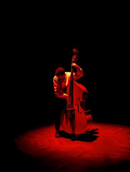 Lorenzo Buffa playing double bass in red light