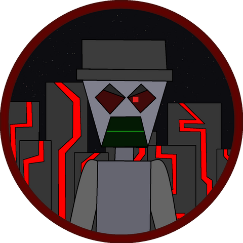 Bust drawing of Titanium, who seems to be serious. The background of the bust shows a future city with one red glowing line (differently shaped) on each building. Outer space can also be seen in the background with some stars slightly visible.