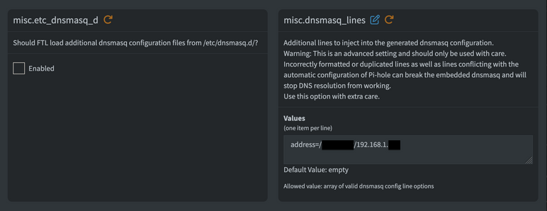 How to set Wildcard in pihole 6
https://pihole/admin/settings/all
Miscellaneous tab
Find dnsmasq