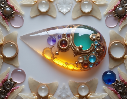 An ornate teardrop-shaped glass creation, with intricate inclusions of smaller glass gems in detailed golden settings with and vibrant colors of amber, teal, and purple, surrounded by an arrangement of delicate decorative elements.