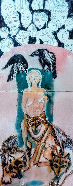 Naked woman on chair bathed in red-light with 3 wolves in front, 2 crows on back of chair, audience above of curious, disapproving and puzzled faves.