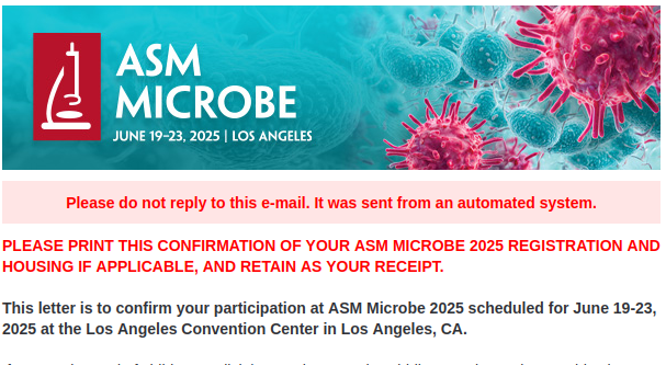 Screenshot of ASMicrobe conference registration and booking confirmation for 2025