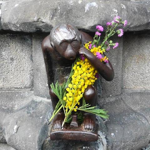 Le Singe du Grand’Garde, Mons/Bergen (Belgique, België, Belgium, Belgien, Belgio)
🙊 Le petit singe de Mons (Belgique)
🙊 Het aapje van Bergen (België)
🙊 The little monkey of Mons (Belgium)
🙊 Das Äffchen von Mons (Belgien) 
🙊 La piccola scimmia di Mons (Belgio)