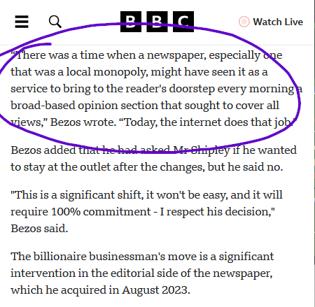 “There was a time when a newspaper, especially one that was a local monopoly, might have seen it as a service to bring to the reader's doorstep every morning a broad-based opinion section that sought to cover all views,” Bezos wrote. “Today, the internet does that job.”

Bezos added that he had asked Mr Shipley if he wanted to stay at the outlet after the changes, but he said no.

"This is a significant shift, it won't be easy, and it will require 100% commitment - I respect his decision," Bezos said.

The billionaire businessman's move is a significant intervention in the editorial side of the newspaper, which he acquired in August 2023.