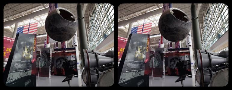 Evergreen Air & Space Museum, McMinnville, Oregon. Various bits of Russian space technology. The sphere hanging from the ceiling is a Vostok capsule, similar to the one piloted by Yuri Gagarin. 

3D, parallel views.