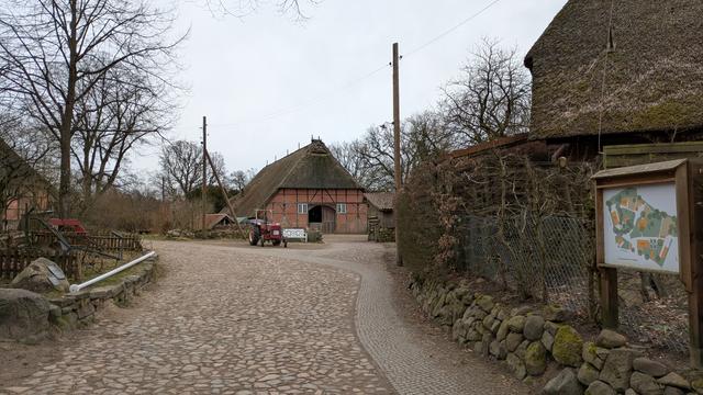A cobbled street, trees, old farm buildings with thatched roof