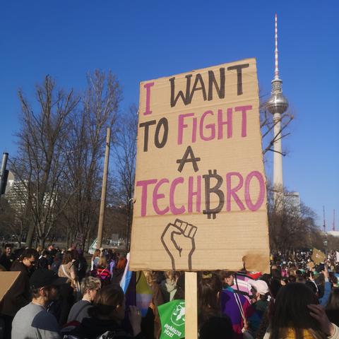 Ein Plakat auf der  Demonstration zum Frauenkampftag 2025 in Berlin mit der Aufschrift 'I WANT TO FIGHT A TECHBRO' und einem erhobenen Faust-Symbol. Im Hintergrund ist der Fernsehturm zu sehen, umgeben von Menschen und Bäumen.
