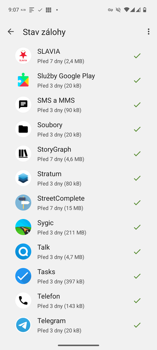 A list of applications with green check marks that signal the apps have been backed up.