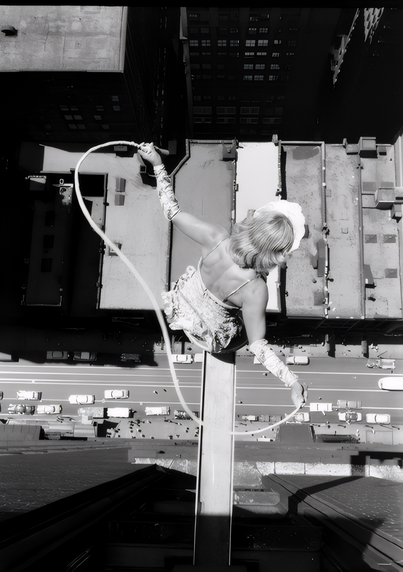 Photo of a young woman about to skip rope on a tiny platform outside a skyscraper high above the streets of Chicago.