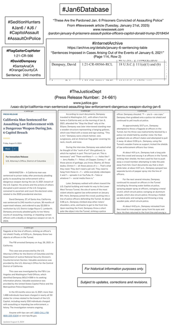 Screenshots of court information pertaining to convicted January 6th rioter David Dempsey (Santa Ana, California).