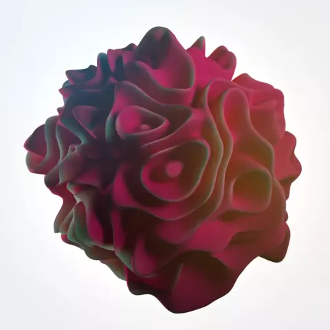 A slightly unsettling convoluted pink surface, roughly spherical in shape.