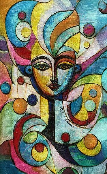 Abstract painting of a stylized female face with geometric shapes, vibrant colors, and intricate linework, evoking emotion and depth by artist Rafael Salazar at RafaelSalazar.com