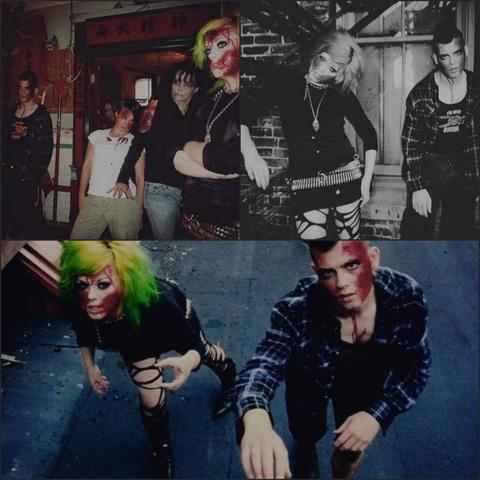 Montage of 3 images featuring people dressed as "zombies," with theatrical makeup of blood and gore. Top left shows people in a darkened, possibly indoor location with one sign with asian text. Other images show two zombie people against brick walls and concrete.