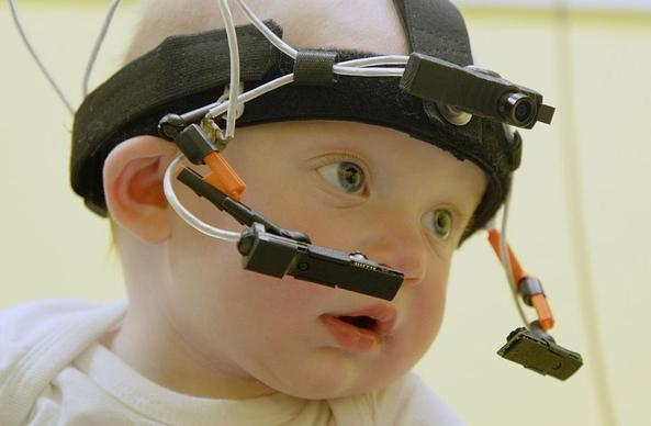 A toddler wearing a head-mounted video camera