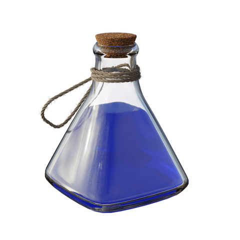 3D rendering of a small pyramidal bottle with a cork stopper and twine around the neck, filled with a blue liquid.