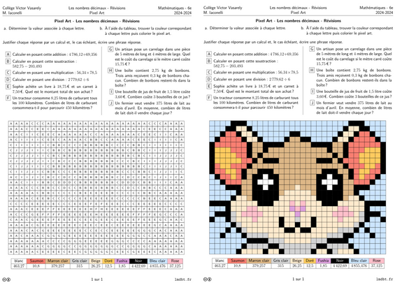Copie des deux fiches (vierge et colorié) présentant des exercices sur les nombres décimaux et un pixel-art d'hamster.