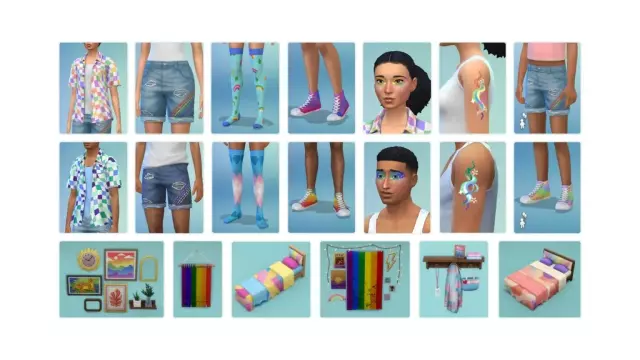 A screenshot of the 20 new assets added to The Sims 4 in a free update yesterday, most of them featuring pride-colored clothes or items, or, at the very least, queer-coded content (like a new type of drag-like makeup, shown her on a male-looking frame).
