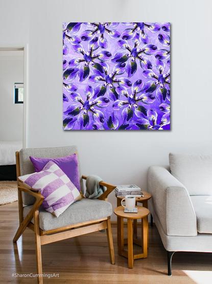 Purple irises in a star pattern across a lavender watercolor background in a furniture setting by artist and poet Sharon Cummings.  Haiku in post.