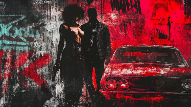 Cavale dans la ruelle sanglante.
Collage numérique au style peint et texturé, représentant un couple menaçant devant une voiture rouge sur fond de graffitis et éclaboussures abstraites.
Digitally painted collage showing a menacing couple in front of a red car, set against graffiti and abstract splatter textures.