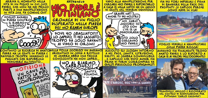 Nel disegno, una serie di vignette ironiche, con l'autore come personaggio principale, ambientate durante la manifestazione romana organizzata dal Movimento 5 Stelle.